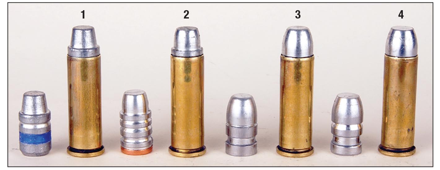 For decades, most of Mike’s .38 Special handloads carried semiwadcutters, but nowadays he prefers roundnose/flatpoints: (1) 158-grain semiwadcutter (Oregon Trail), (2) 155 semiwadcutter with gas check (Lyman 358156), (3) 158 roundnose/flatpoint (RCBS 38-158-CM) and (4) 158-grain RN/FP (Lyman 35866).